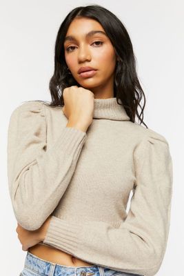 Women's Puff-Sleeve Turtleneck Sweater in Taupe Medium