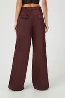 Women's Belted Satin Wide-Leg Cargo Pants in Burgundy, XS