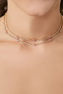 Women's Layered Rhinestone Choker Necklace in Gold/Pink