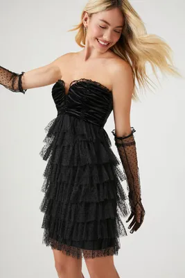 Women's Velvet Polka Dot Mini Dress in Black, XL
