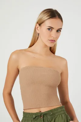 Women's Sweater-Knit Cropped Tube Top in Toasted Almond Large