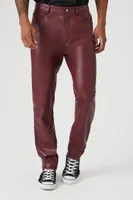 Men Faux Leather Slim-Fit Pants in Burgundy, 32