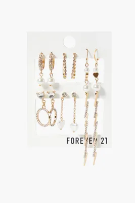 Women's Rhinestone & Faux Pearl Earring Set in Gold/Cream