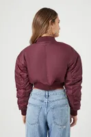 Women's Ruched-Sleeve Cropped Bomber Jacket in Burgundy Medium