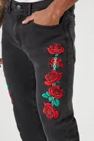 Men Embroidered Rose Skinny Jeans in Black, 33