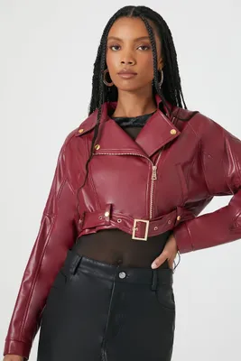 Women's Cropped Faux Leather Moto Jacket in Burgundy Small
