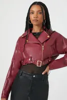 Women's Cropped Faux Leather Moto Jacket in Burgundy, XL