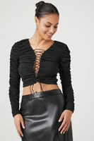 Women's Ruched Lace-Up Crop Top in Black Large