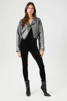 Women's Faux Leather Metallic Moto Jacket in Silver/Black Large