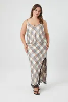 Women's Satin Plaid Print Maxi Skirt in Grey, 3X