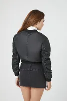 Women's Faux Leather Ruched Bomber Jacket in Black Large