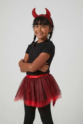 Girls Devil Skirt & Horns Costume Set (Kids) in Black/Red