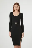 Women's Belted Rib-Knit Bodycon Midi Dress