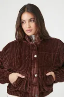 Women's Ribbed Cropped Bomber Jacket in Chocolate, XL