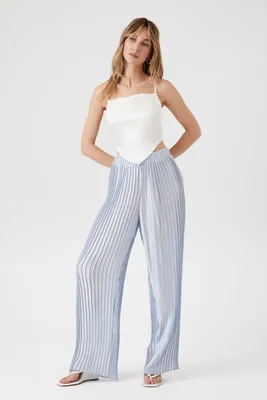 Women's Satin Pleated Wide-Leg Pants in Light Blue Large