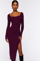 Women's Thigh-Slit Midi Sweater Dress in Plum, XL