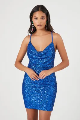 Women's Sequin Cowl Mini Dress in Royal, XXL