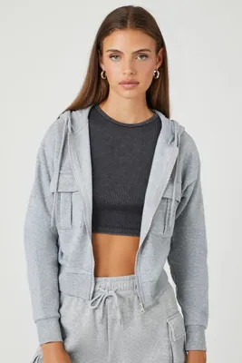Women's Fleece Zip-Up Cropped Hoodie in Heather Grey Large