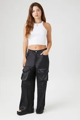 Women's Satin Wide-Leg Cargo Pants Black