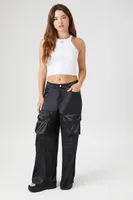 Women's Satin Wide-Leg Cargo Pants in Black Medium