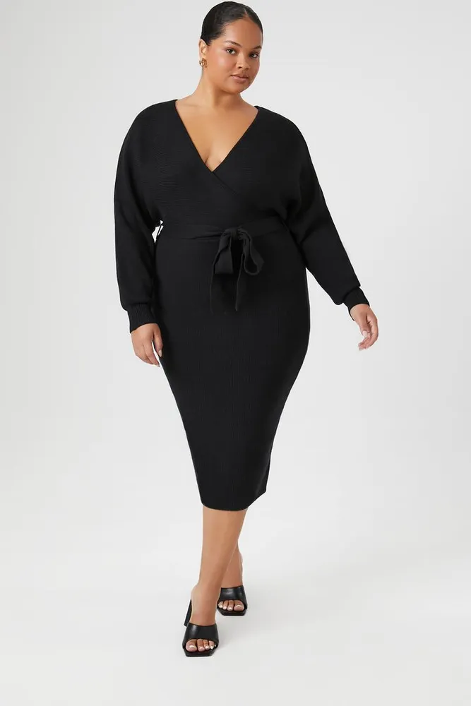 Women's Surplice Midi Sweater Dress in Black, 2X