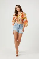 Women's Tropical Floral Print Crop Top in Cream Large