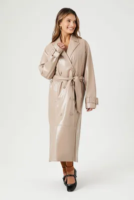 Women's Faux Leather Double-Breasted Trench Coat in Taupe Small