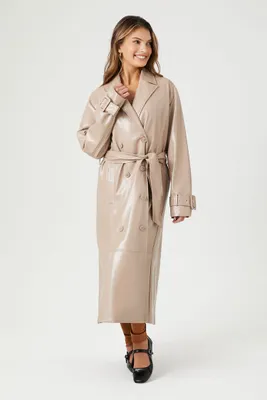 Women's Faux Leather Double-Breasted Trench Coat in Taupe Medium