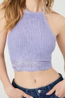 Women's Sweater-Knit Cropped Halter Top in Lavender Large