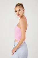 Women's Ruched Halter Crop Top in Dawn Pink Large