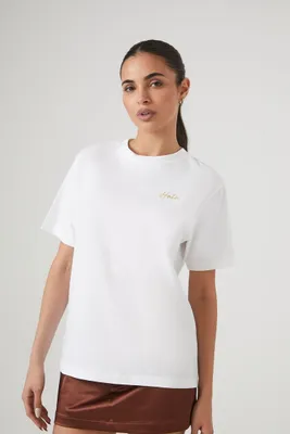 Women's Embroidered Hola T-Shirt in White/Gold Small