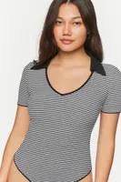 Women's Striped V-Neck Sweater-Knit Bodysuit in Black/White, XS