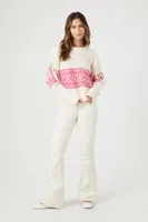 Women's Geo Fringe-Trim Sweater in Ivory/Pink Medium