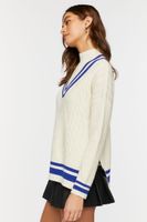 Women's Mock Neck Varsity Sweater in Cream/Blue Large