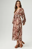 Women's Leaf Print Peasant-Sleeve Maxi Dress in Brown Medium