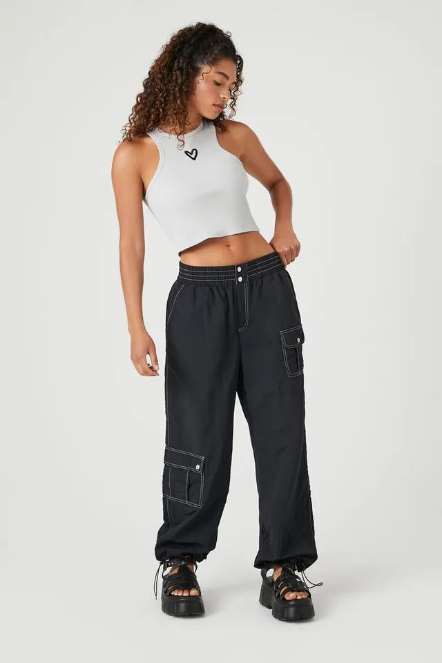 Forever 21 Women's Nylon-Blend High-Rise Joggers in Black/White