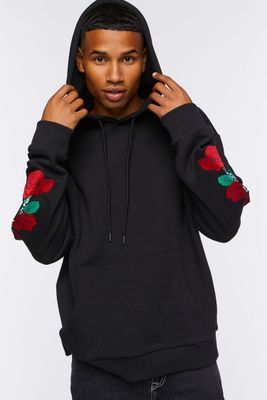 Men Embroidered Rose Drawstring Hoodie in Black Small