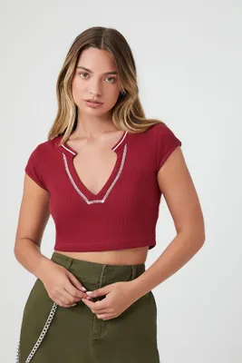 Women's Split-Neck Cropped T-Shirt in Burgundy Small