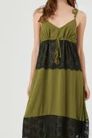 Women's Chiffon Lace-Trim Maxi Dress Olive/Black