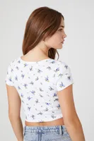 Women's Floral Cropped Henley T-Shirt