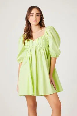 Women's Poplin Puff-Sleeve Babydoll Dress in Lime Small