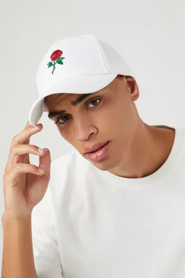 Men Embroidered Rose Baseball Cap in White/Red