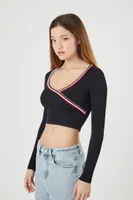 Women's Seamless Striped-Trim Crop Top in Black Large