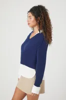 Women's Collared Combo Sweater in Blue/White Small