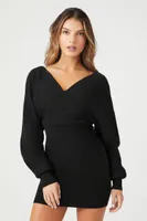 Women's Surplice Mini Sweater Dress in Black Large