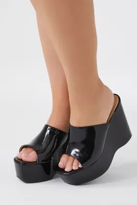 Women's Faux Patent Leather Wedges (Wide) in Black, 8