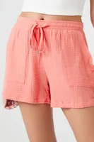 Women's Textured Drawstring Pull-On Shorts in Coral Small