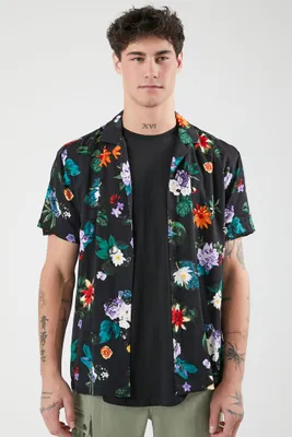 Men Rayon Floral Print Shirt in Black, XL