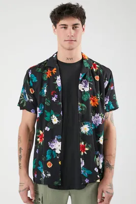 Men Rayon Floral Print Shirt in Black Medium