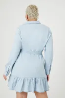 Women's Denim Flounce Shirt Dress in Light Denim, 2X
